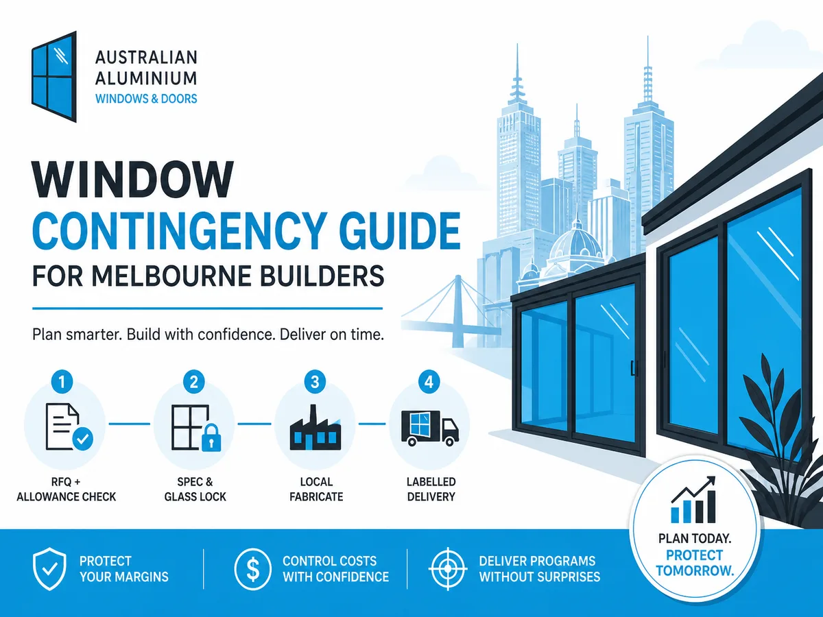 Infographic: Window Contingency Guide for Melbourne Builders — four-step Melbourne builder process for aluminium windows and doors