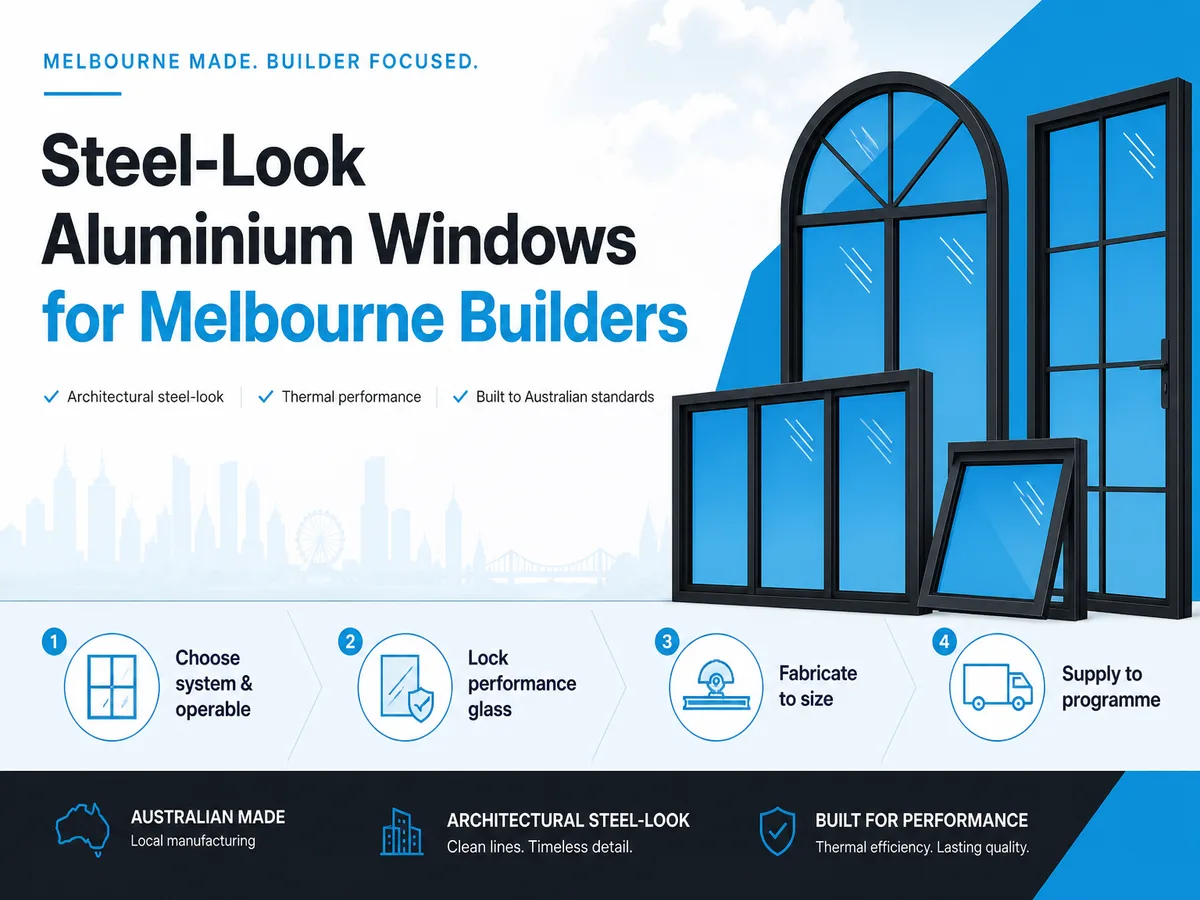 Infographic: Steel-Look Aluminium Windows for Melbourne Builders — four-step Melbourne builder process for aluminium windows and doors