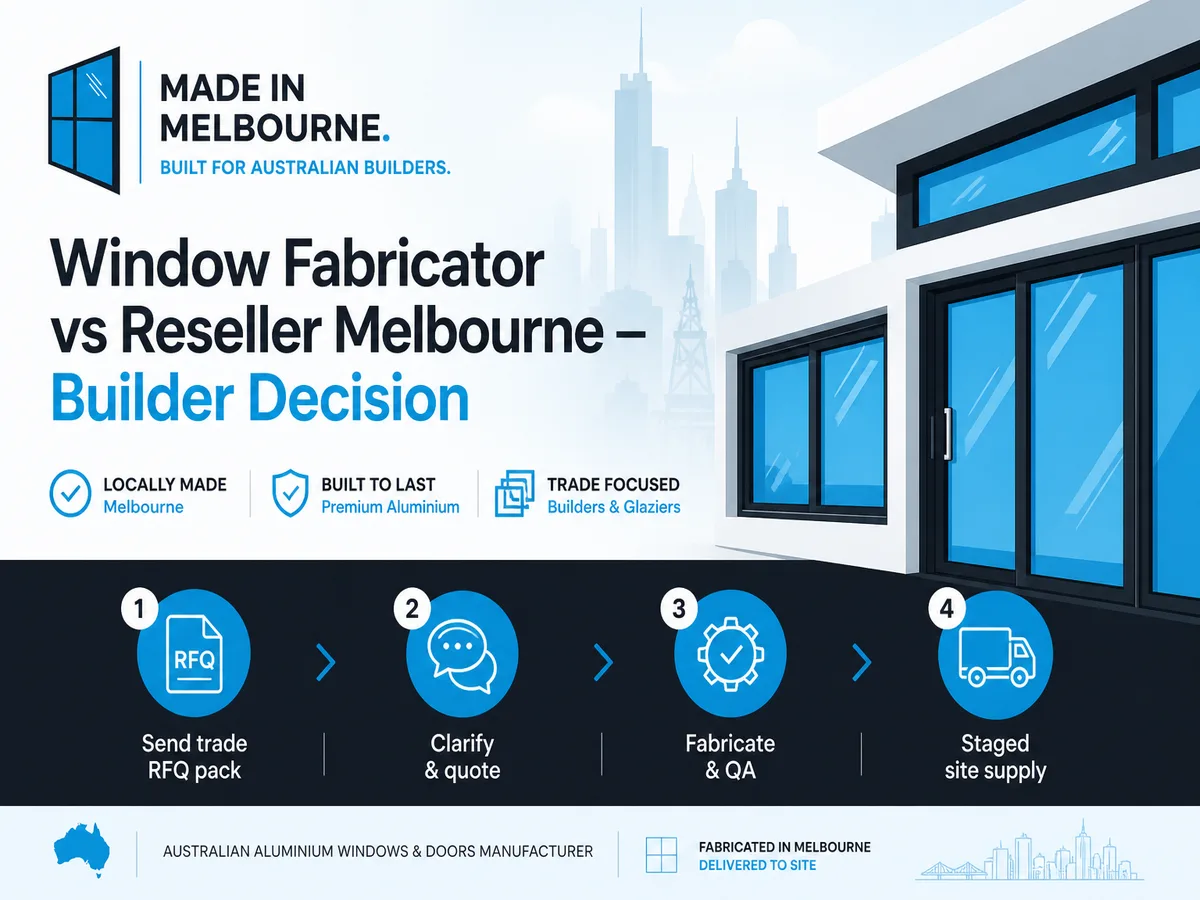Infographic: Window Fabricator vs Reseller Melbourne — Builder Decision — four-step Melbourne builder process for aluminium windows and doors