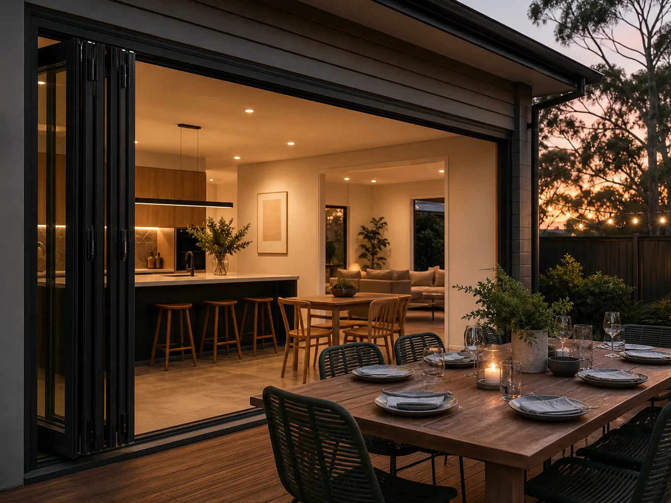 Black aluminium bifold doors stacked fully open, connecting kitchen and dining to an outdoor deck on a summer evening