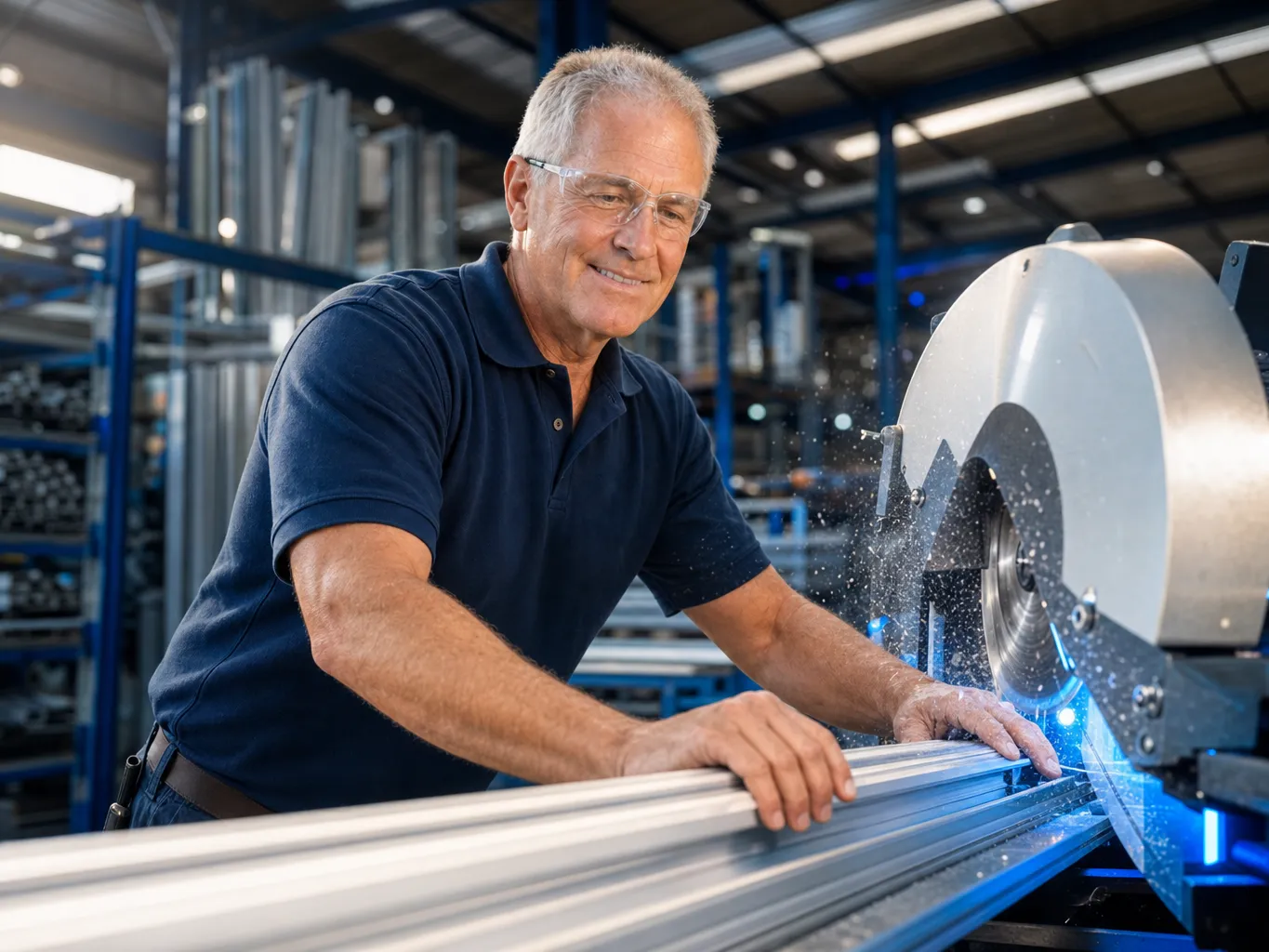 Fabricator guiding an aluminium extrusion through the double-mitre saw in the Picture Perfect Windows Melbourne workshop