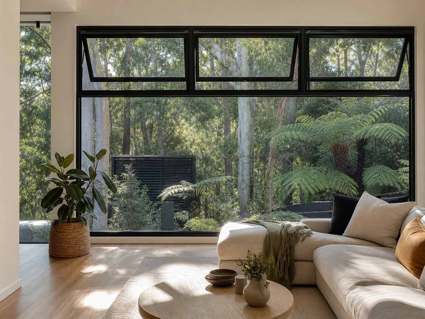 Living room with floor-to-ceiling black aluminium awning and fixed windows overlooking a leafy Melbourne backyard