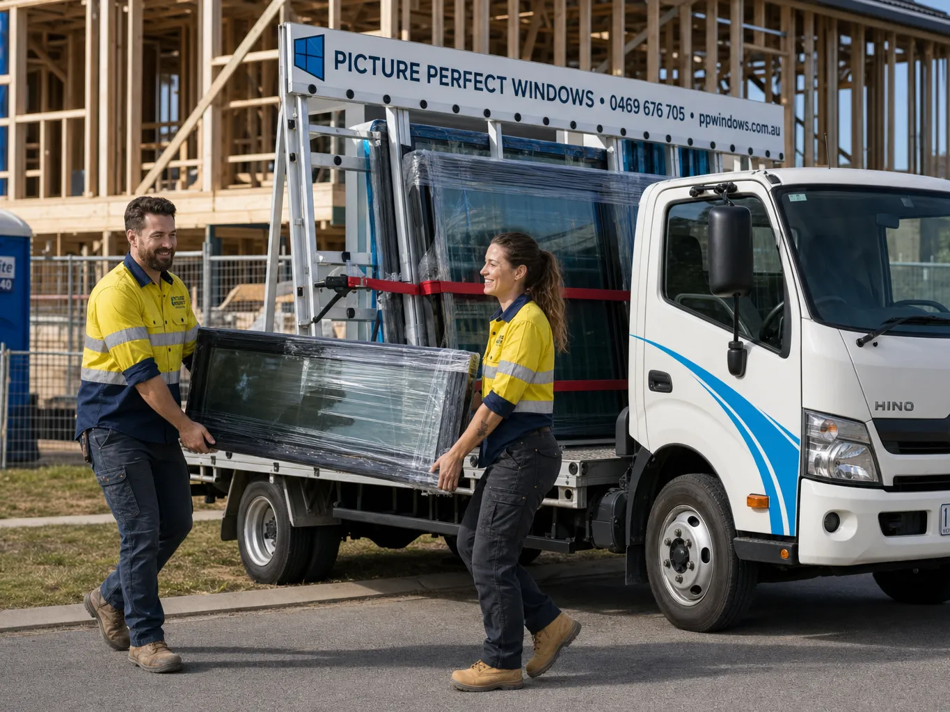 Picture Perfect Windows delivery truck with A-frame rack being unloaded at a Melbourne residential building site